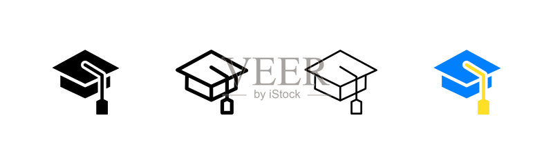 学位帽图标集:电脑、课本、电子书、网络、全球、居家、学生、耳机、笔记本电脑,学习概念,白色背景上的四种不同矢量图标图标素材