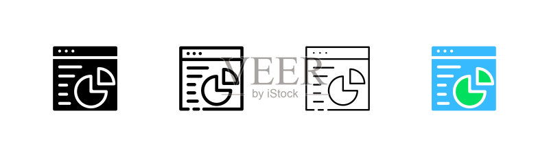 统计数据集图标网站:分析、受众分析、条形图、饼图、图表、增长、箭头向上、可视化辅助,商业概念,白色背景上的四种不同风格的矢量图标图标素材