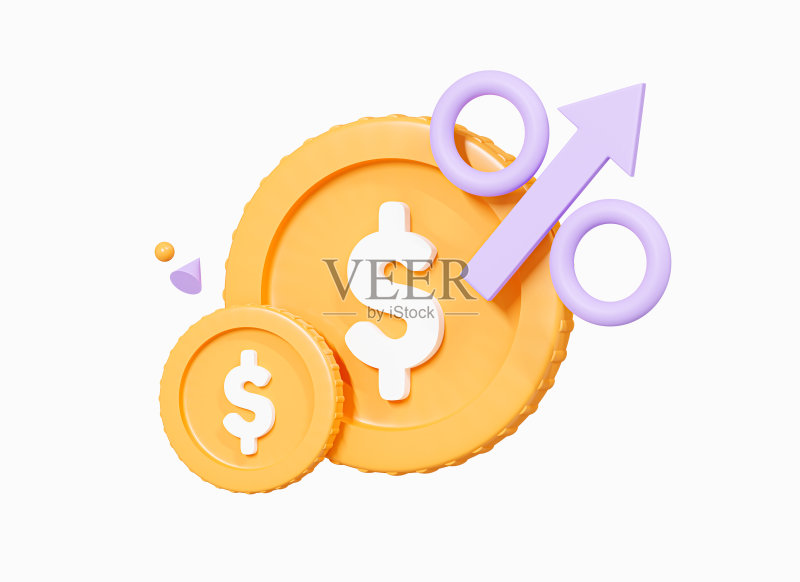 3D美元硬币和增长箭头:利率上涨商业金融金融成功和增长概念卡通创意设计图标,白色背景3D渲染图标素材