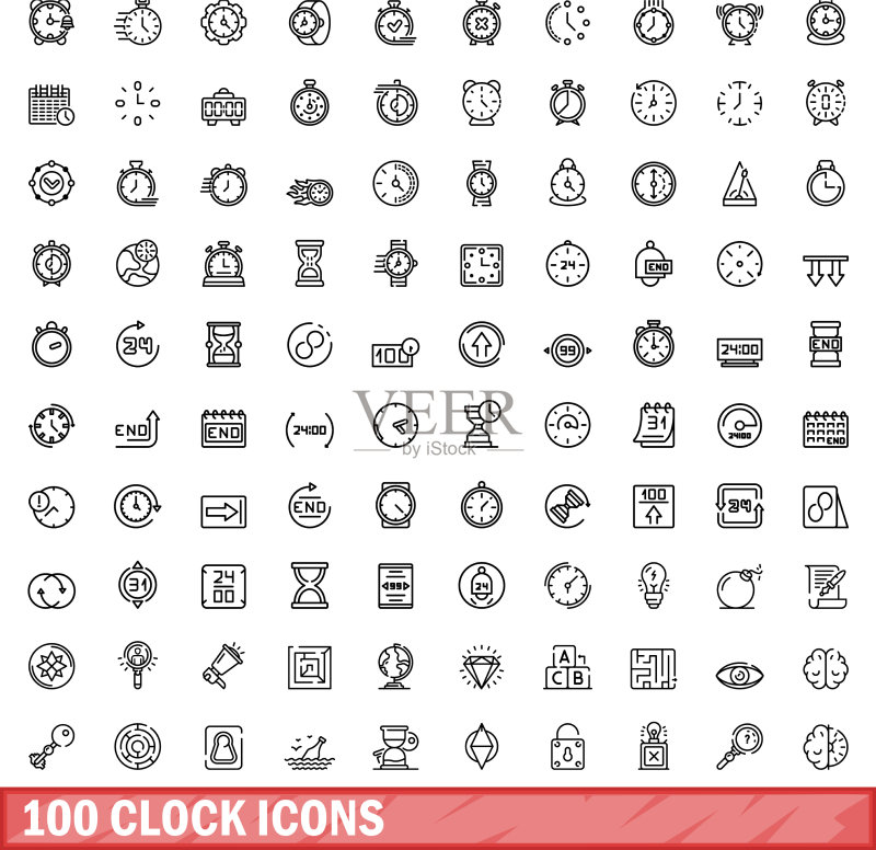 100个时钟图标:线框风格图标素材