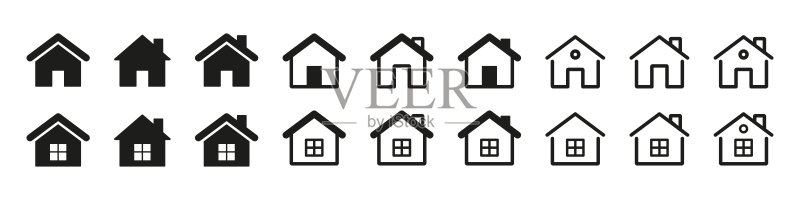 房屋图标合集:住宅建筑标志,房地产房屋logo,白色背景上的房屋线条矢量符号图标素材