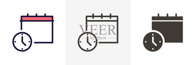 时钟和日历简约图标,适用于商务、日程、办公室、日常、交货日、截止日期等的矢量插图,3种不同风格:细轮廓、填充轮廓、扁平风格图标素材