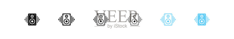 柱状音乐图标:扬声器标志、音乐盒符号、声波图标(黑蓝色矢量图)图标素材