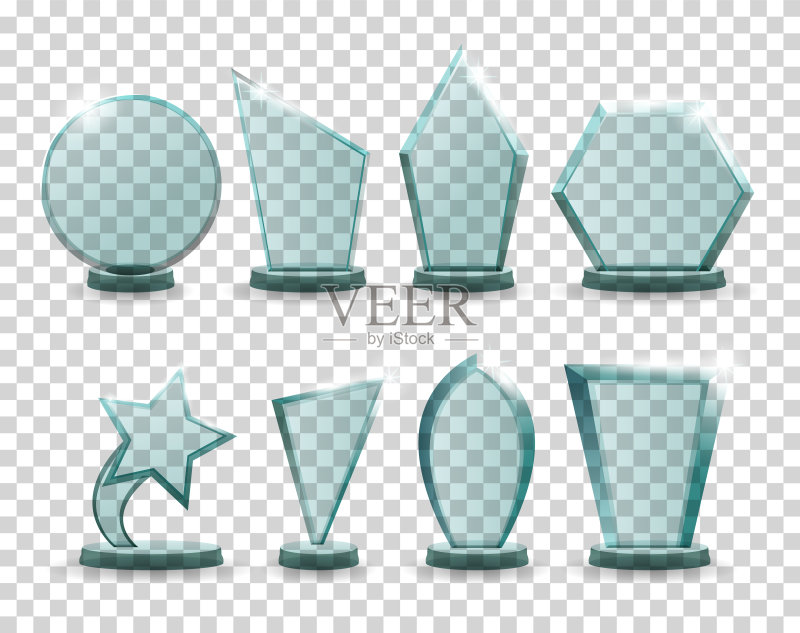 玻璃奖杯奖品合集:透明材质3D获胜者奖品,冠军成就玻璃,挑战奖品写实图标,带底座水晶造型图标素材