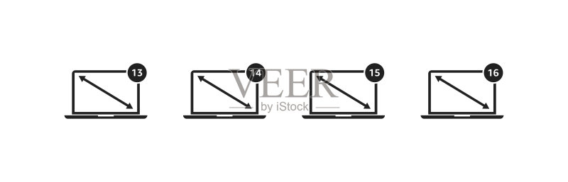 具有对角线屏幕尺寸的笔记本电脑图标集(13、14、15、16英寸,矢量图,EPS 10格式)图标素材