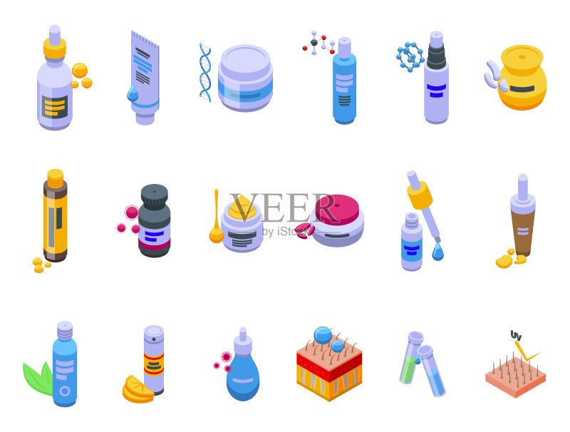 含有胶原蛋白的化妆品等距图标集:液态角蛋白图标素材
