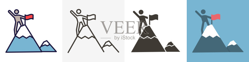 角色登上山顶并插旗帜,四种不同风格的细线图标时尚设计图标素材