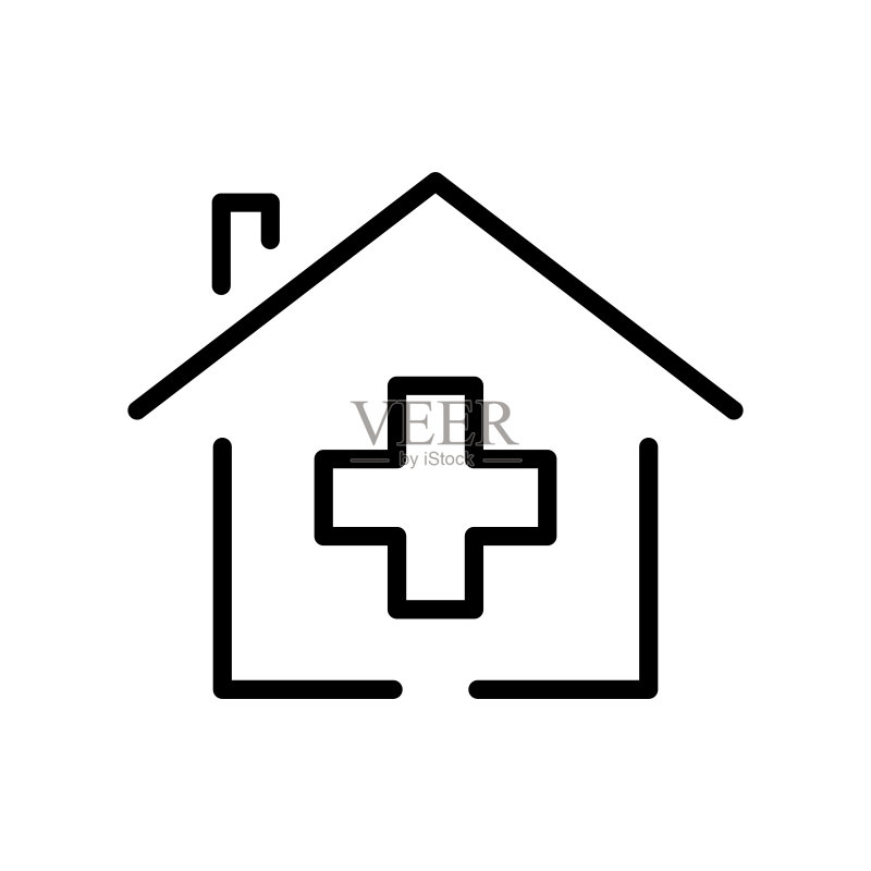 带医院加号的房屋图标插图。线性图标样式。与医疗保健相关的图标。简单的可编辑矢量设计。64 x 64像素完美图标素材
