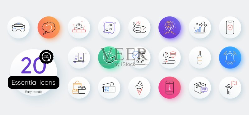 通知铃铛、洗衣机和出租车线性图标集,用于Web应用程序的矢量素材图标素材