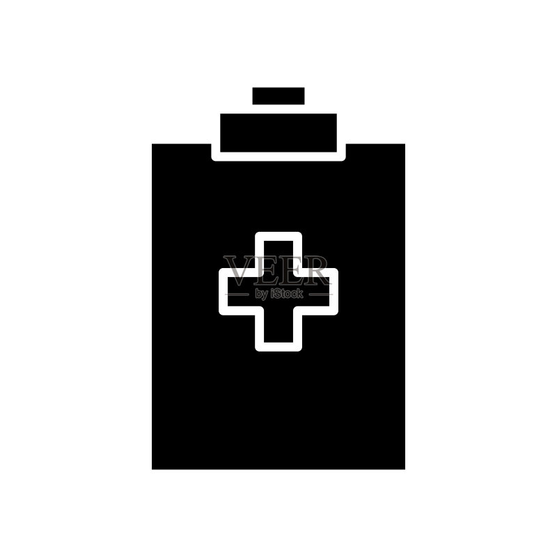 带医院加号的剪贴板图标插图. Glyph 图标样式. 与医疗保健相关的图标. 简单的可编辑矢量设计图标素材