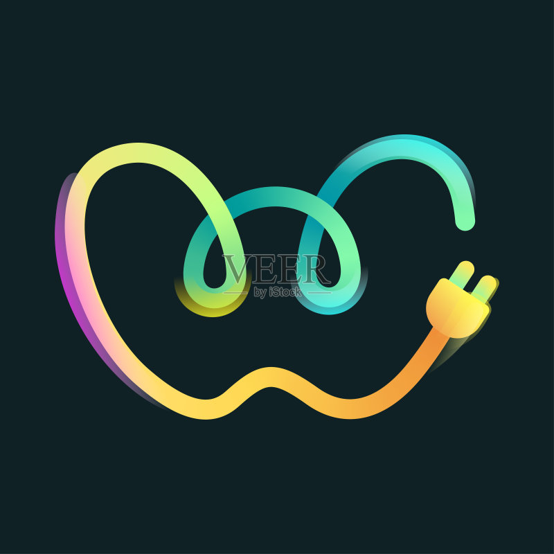 曲线渐变色W字母Logo,带插头图标和彩虹光泽图标素材