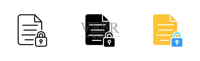 带锁的文件线性图标:隐私信息、个人数据保护、密码、双重身份验证防御概念。白色背景上的线性、黑色和彩色矢量图标图标素材