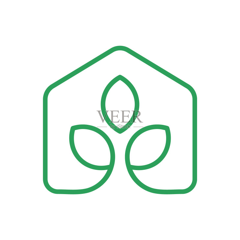 带树叶轮廓的绿色房子:瑜伽馆莲花创意,植物家园线条图标符号图标素材