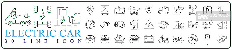 电动汽车线性图标集,绿色汽车图标logo设计矢量概念。混合动力汽车、插头充电、环保图标素材