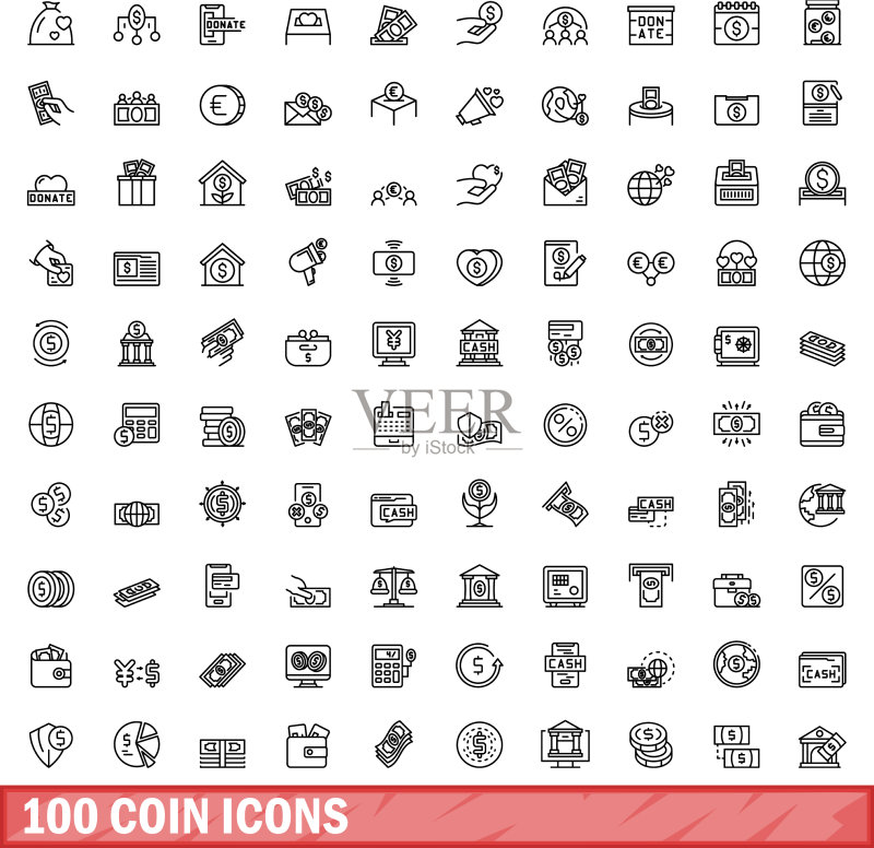 轮廓风格的100个硬币图标集图标素材