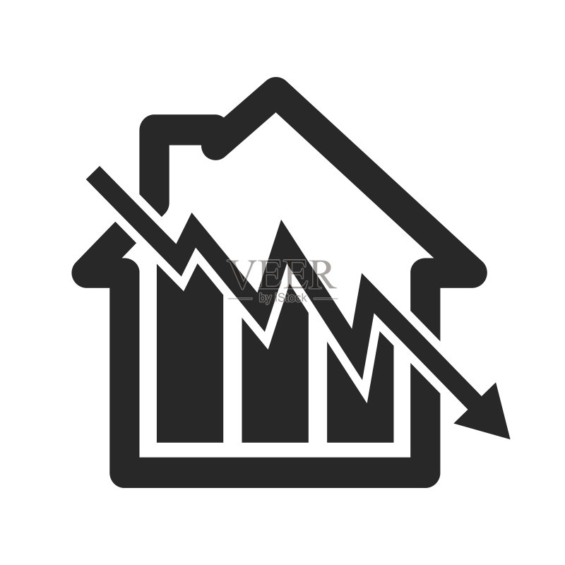 带有图表的向下箭头房屋图标。房地产市场下跌图标图标素材