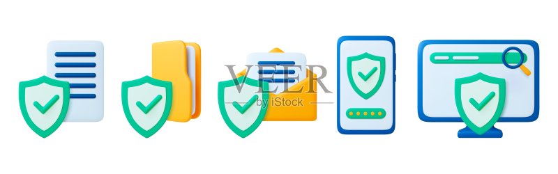 网络与办公室安全3D图标。黄色数据文件夹和电子邮件图标,带有保护罩的文档。防病毒,网络安全搜索,矢量集图标素材