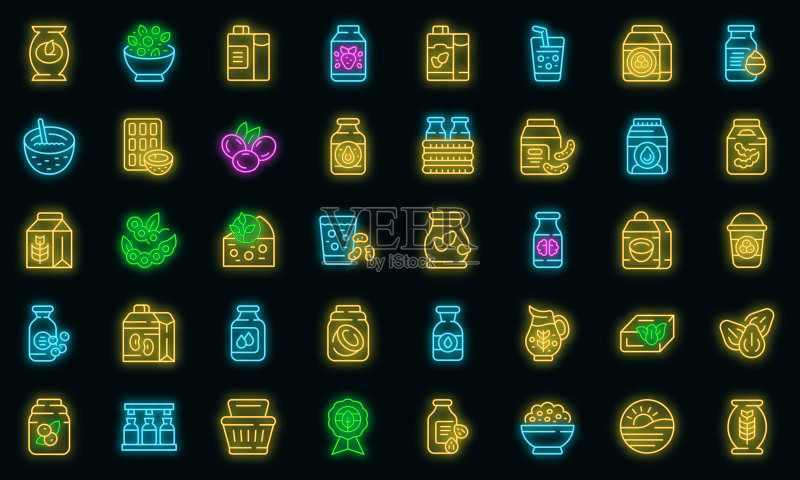 植物奶图标集合轮廓矢量图,大豆杏仁矢量霓虹灯图标素材