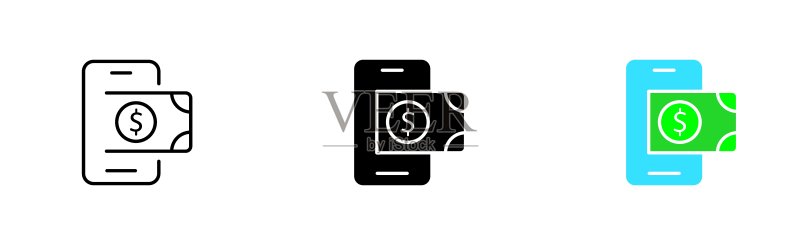 带有美元钞票图标的手机:金融知识、银行卡、现金、银行转账、ATM、交易金融管理矢量图标图标素材