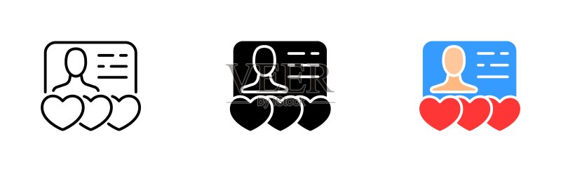 调查问卷图标集:网站、会议、心、感觉、爱、点赞按钮、光标、手指、约会应用、语音气泡、情侣。白色背景上的线性、黑色和彩色矢量图标图标素材