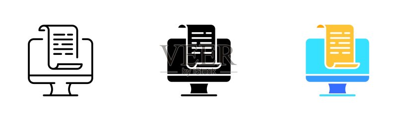 作家活动图标集:书籍、作家、纸张、电脑、书签、小说、短篇小说、写作、童话故事、卷轴。商业概念。矢量线性图标,黑色和彩色风格图标素材
