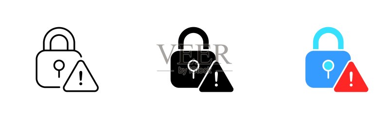 个人数据保护锁图标:密码、警告标志、钥匙、同步、图形密钥、解锁、光标、安全系统、齿轮、盾牌矢量图标,线条、黑色和彩色风格图标素材