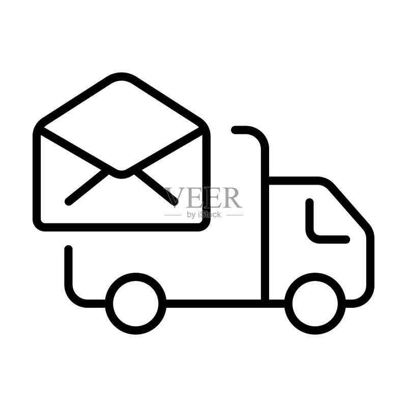 送货车线条图标:食品、披萨、邮件、搜索、齿轮、时钟、卡车、垃圾处理、汽车、箱子、物流订单概念矢量线条白色背景图标图标素材
