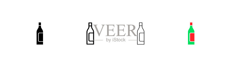 葡萄酒套装图标:瓶子、玻璃杯、手、陈酿、时间、时钟、品尝、气味、酒窖、储存条件、温度,餐厅概念,白色背景四种不同风格矢量图标图标素材
