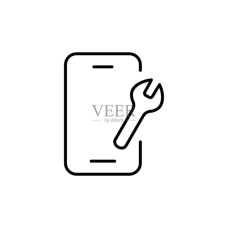 智能手机线性图标。手机、传感器、小工具、应用程序、互联网搜索、故障、扳手、设置、维修。技术概念。白色背景上的黑色矢量线性图标图标素材