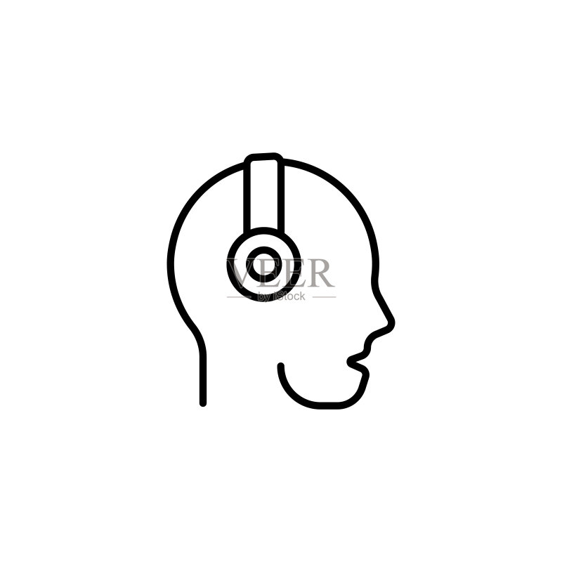 耳机线条图标。声音、音乐、听力、人物、头部、耳机、播客、语音信息、音乐家、创造力。小工具概念。白色背景上的黑色线条图标图标素材