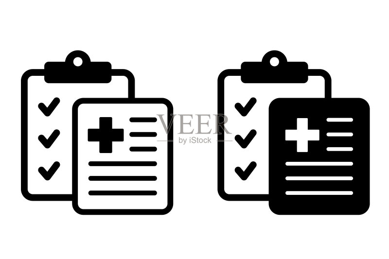 医疗卡图标。医疗保险标志。医疗记录。医疗诊断。医疗保健诊断剪贴板图标。图标素材