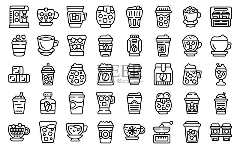 冰咖啡图标集合矢量轮廓图:牛奶美式图标素材