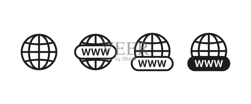 网站设置图标。带有www文本、地球、行星、网络、站点、万维网、互联网协议的世界。连接概念。用于商业和广告的矢量线条图标图标素材