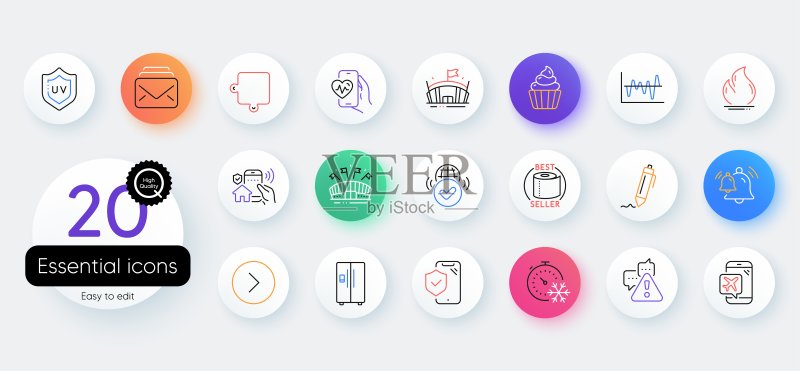 纸杯蛋糕、冷冻定时器和前进线条简约图标集,适用于Web应用程序,矢量图图标素材