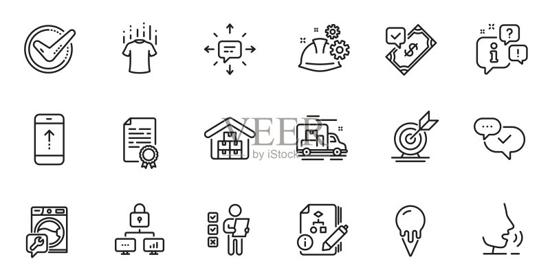 已确认、工作流程和向上滑动线性图标集,适用于Web应用。矢量图图标素材