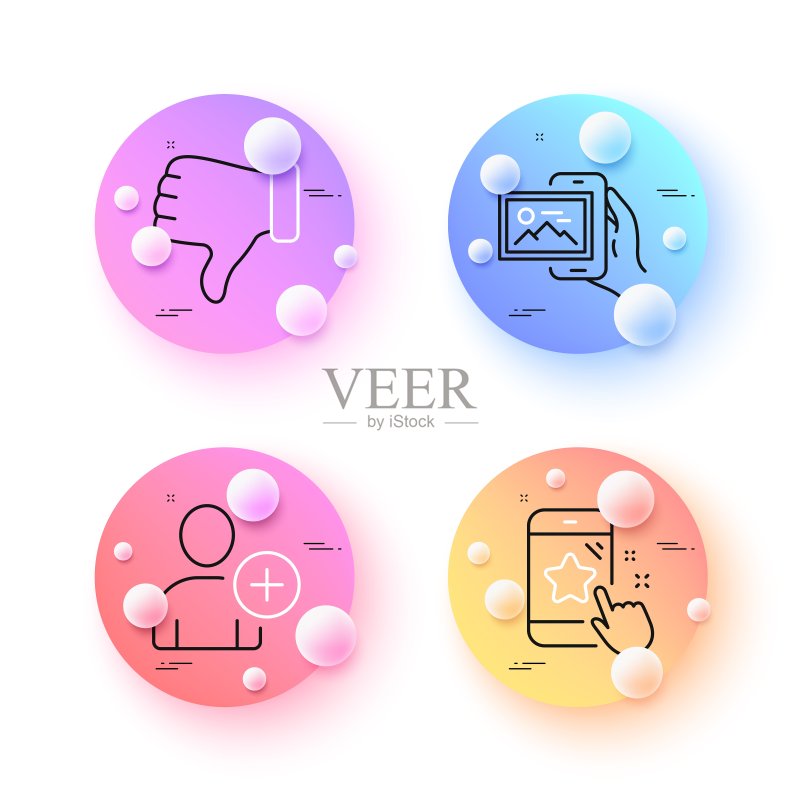 添加用户、星级评分和图片专辑极简线条图标。适用于Web应用程序、印刷。矢量图标素材