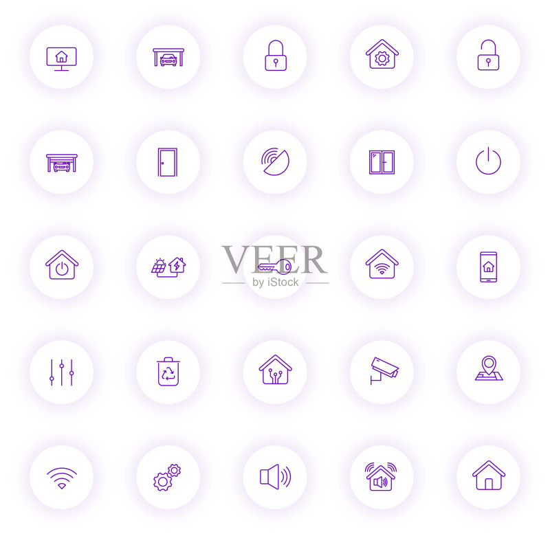 紫色智能家居轮廓图标,浅色圆形按钮,带紫色阴影。适用于Web、移动应用、UI设计和印刷的智能家居图标集图标素材