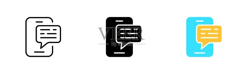 带有语音气泡线的手机图标,联系我们、咨询、呼叫、拨号、热线、支持服务、运营商,通信概念,白色背景上的线条、黑色和彩色风格矢量图标图标素材