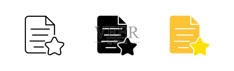 带有星线图标的文档:重要、按钮、收藏夹、标记为重要、选择、反馈、已选择。文件管理概念。白色背景上的线条、黑色和彩色样式的矢量图标图标素材