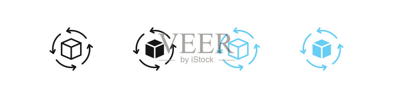 旋转立方体图标。四个箭头符号。360度旋转标志。重复重新加载方形符号。返回图标。黑色和蓝色。矢量标志。图标素材