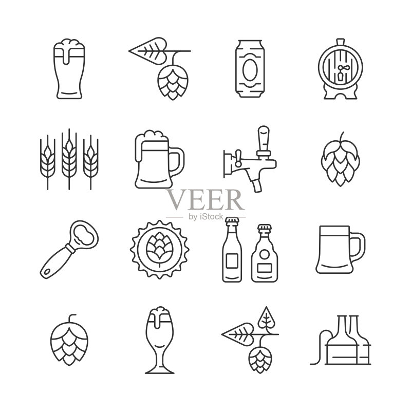 啤酒线性图标集:包含啤酒杯、啤酒花、大麦穗、啤酒桶、开瓶器和啤酒瓶的矢量集合图标素材