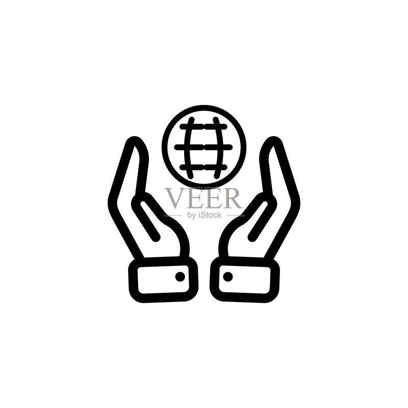 地球仪线条图标:世界、手、触及、知识、位置、网络、探索、大陆、演示、旅行、万维网、沟通概念矢量黑色线条图标图标素材