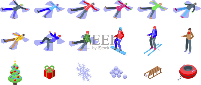 雪天使等距冬季图标集图标素材