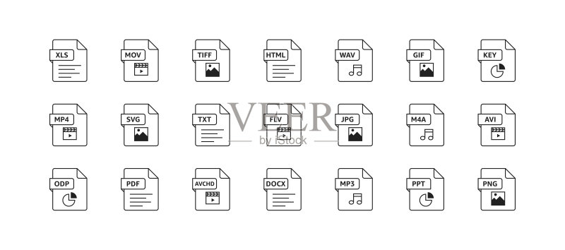 文件类型图标集:xls、mov、tiff、html、wav、gif、key、mp4、svg、txt、flv、jpg、m4a、avi、odp、pdf、avchd、docx、mp3、PPT、png。矢量EPS 10图标素材