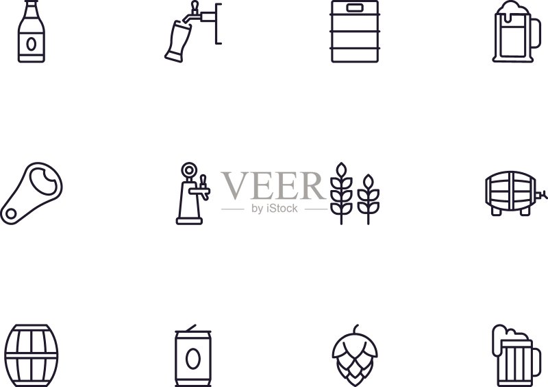 啤酒概念:高品质啤酒线性图标集合。可编辑描边,适用于网站、宣传单、banner和网上商店图标素材