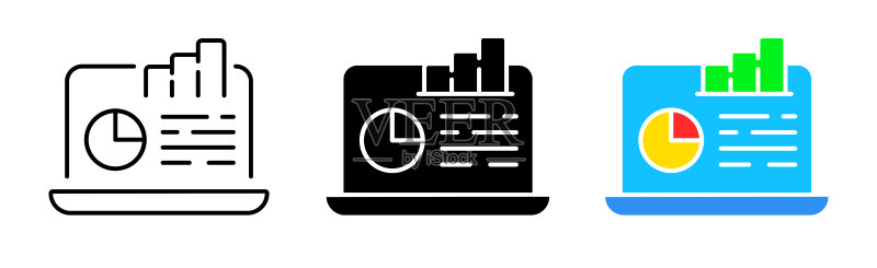 信息图表图标集:统计、信息、数据、分析、笔记本电脑、自由职业、投资、培训、开发、文档。商业概念。不同风格的矢量线条图标图标素材