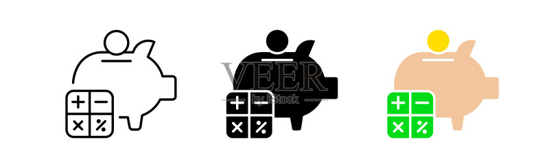 会计计算相关图标:账务、储蓄罐、猪、簿记、文件、计算器、金融App、数据经济等矢量图标图标素材