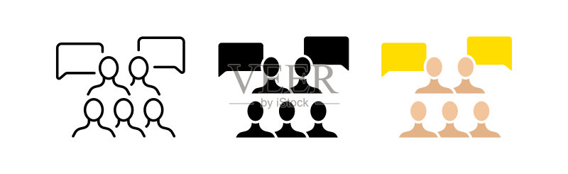 讨论图标集:人群、气泡、商务、辩论、团队、计划、策略、论坛、会议、团结,交流概念矢量线性图标图标素材