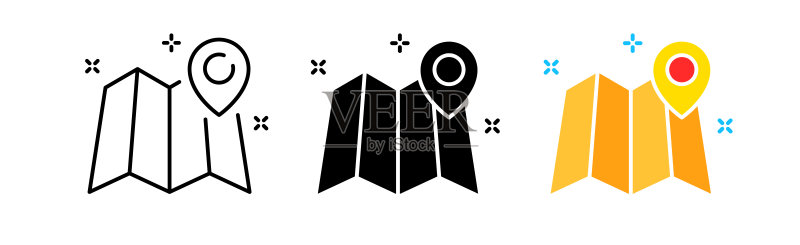 地图图标集。旅游、旅行、导航、路径、标签、标记、旗帜、方向、GPS、大洲、制图、环境。旅游概念。不同风格的矢量线条图标图标素材