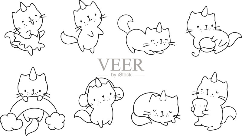 带角独角兽小猫线条着色套装图标素材